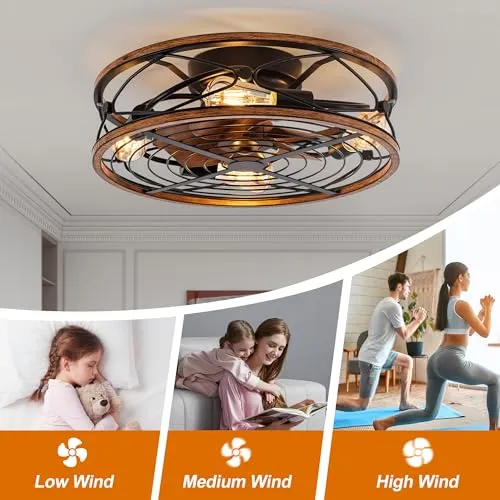 20" Caged Ceiling Fans With Lights And Remote, Farmhouse Flush Mount Ceiling Fan With Light, Bladeless Industrial Low Profile Ceiling fan With Reversible Motor, for Kitchen, Bedroom (Bulbs Included)