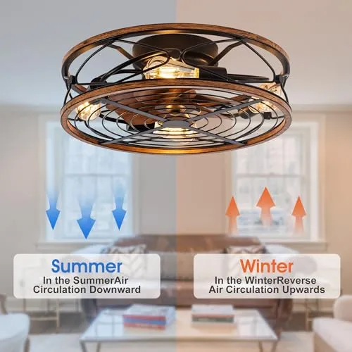 20" Caged Ceiling Fans With Lights And Remote, Farmhouse Flush Mount Ceiling Fan With Light, Bladeless Industrial Low Profile Ceiling fan With Reversible Motor, for Kitchen, Bedroom (Bulbs Included)