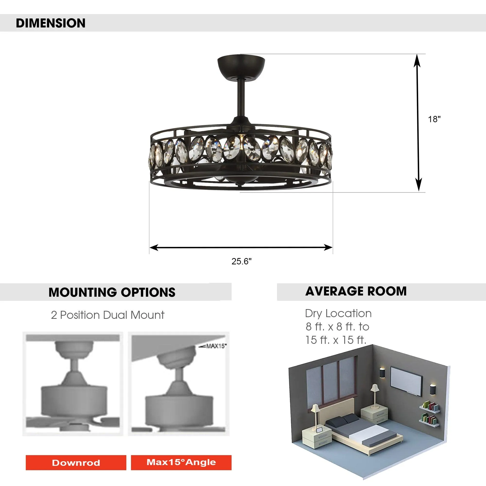 26" Modern DC Motor Downrod Mount Reversible Crystal Ceiling Fan with Lighting and Remote Control