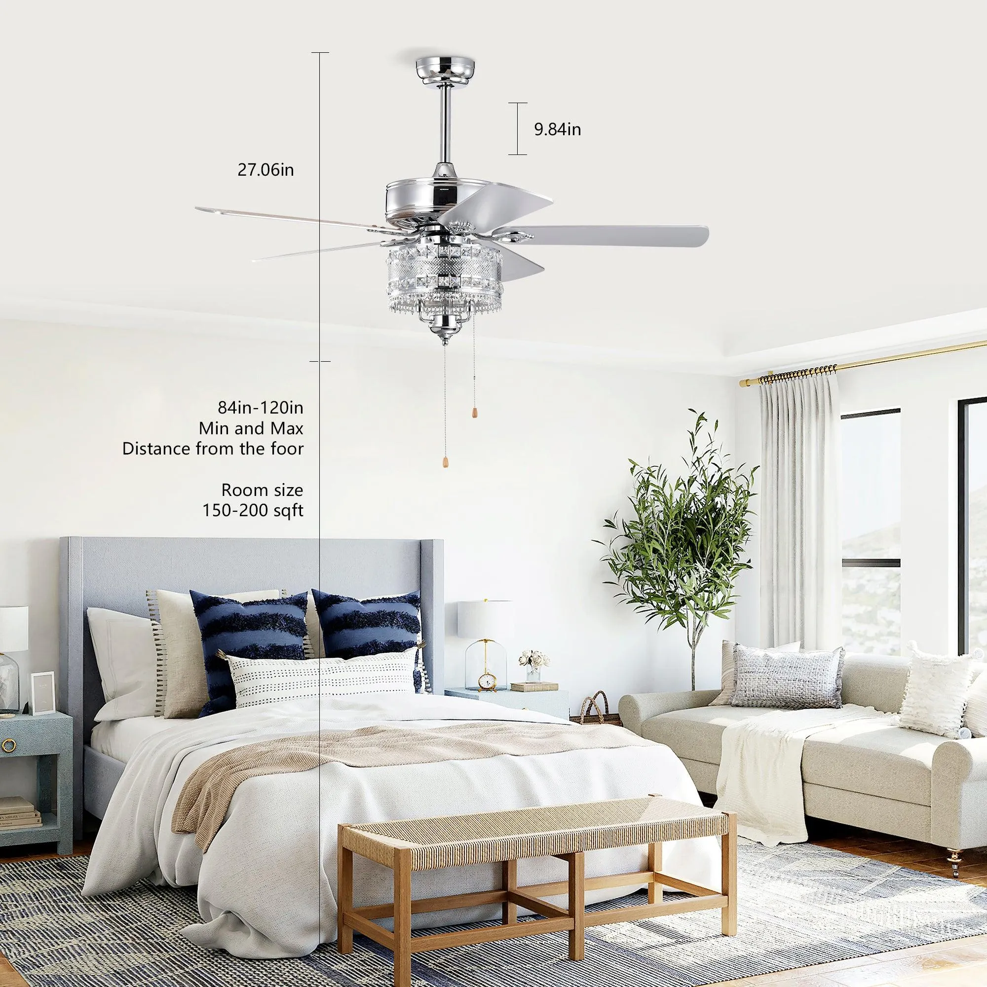 52'' Classical Crystal Ceiling Fan Lamp  5 Reversible Blades for Living Room, Dining Room, Bedroom, Family Room, Chrome (Hand Pull Chain)