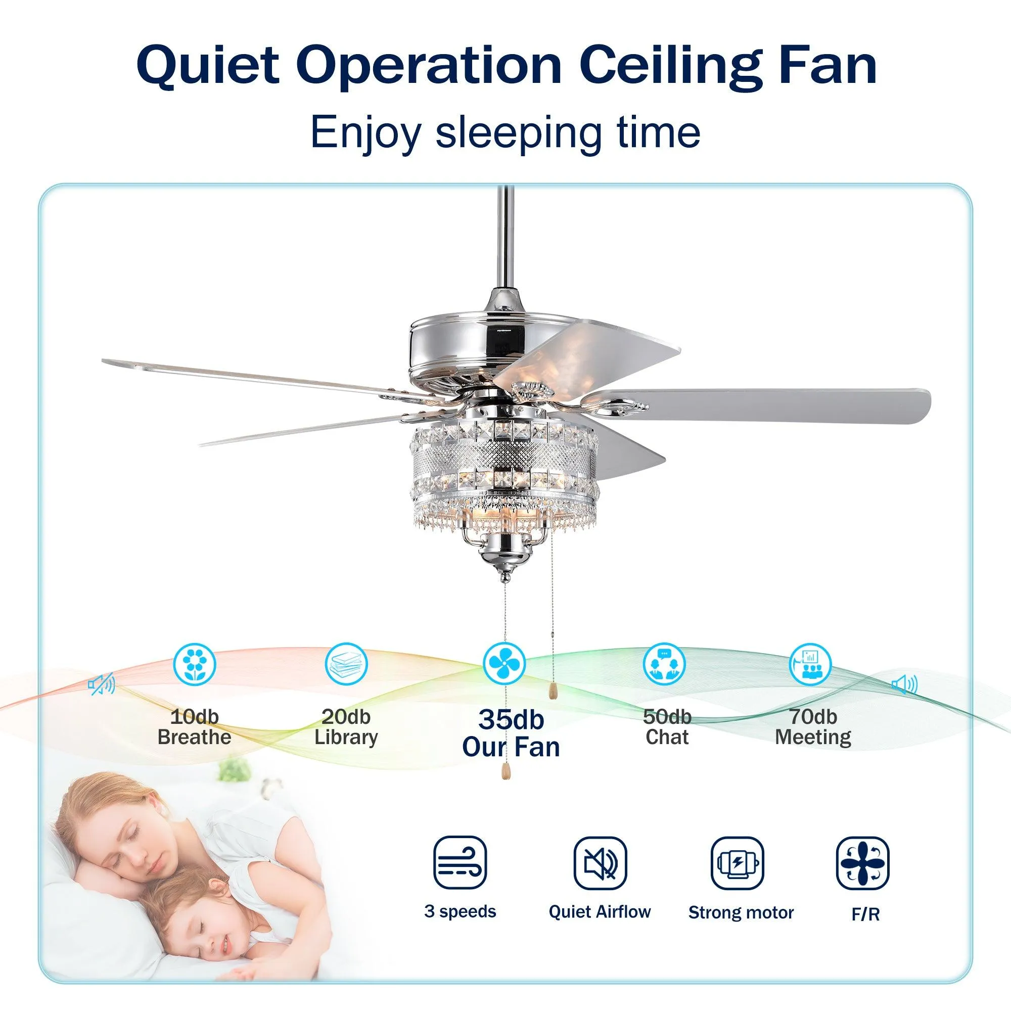 52'' Classical Crystal Ceiling Fan Lamp  5 Reversible Blades for Living Room, Dining Room, Bedroom, Family Room, Chrome (Hand Pull Chain)