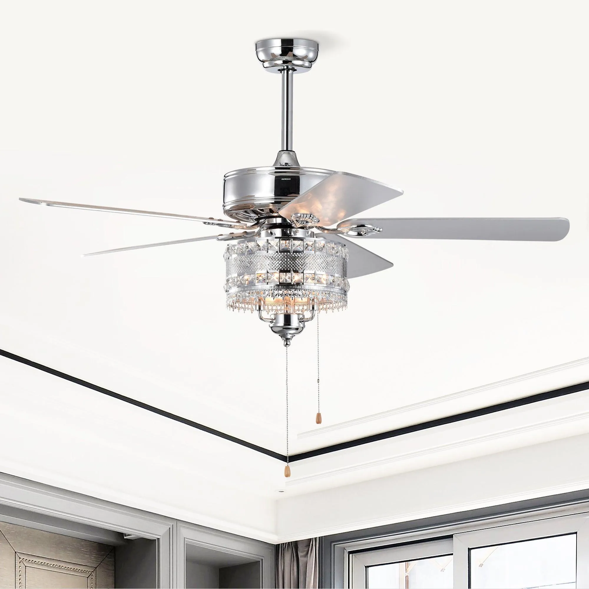 52'' Classical Crystal Ceiling Fan Lamp  5 Reversible Blades for Living Room, Dining Room, Bedroom, Family Room, Chrome (Hand Pull Chain)