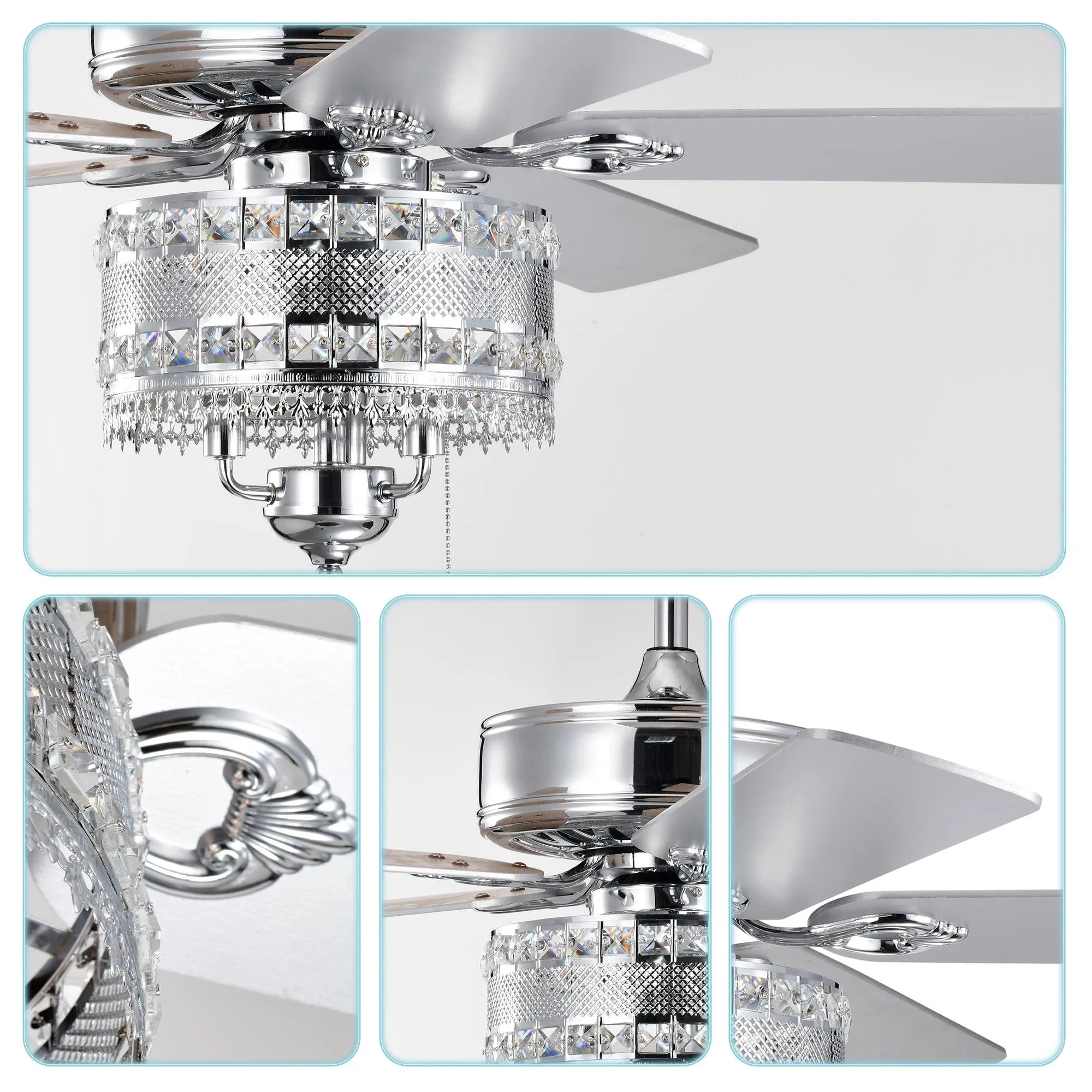 52'' Classical Crystal Ceiling Fan Lamp  5 Reversible Blades for Living Room, Dining Room, Bedroom, Family Room, Chrome (Hand Pull Chain)