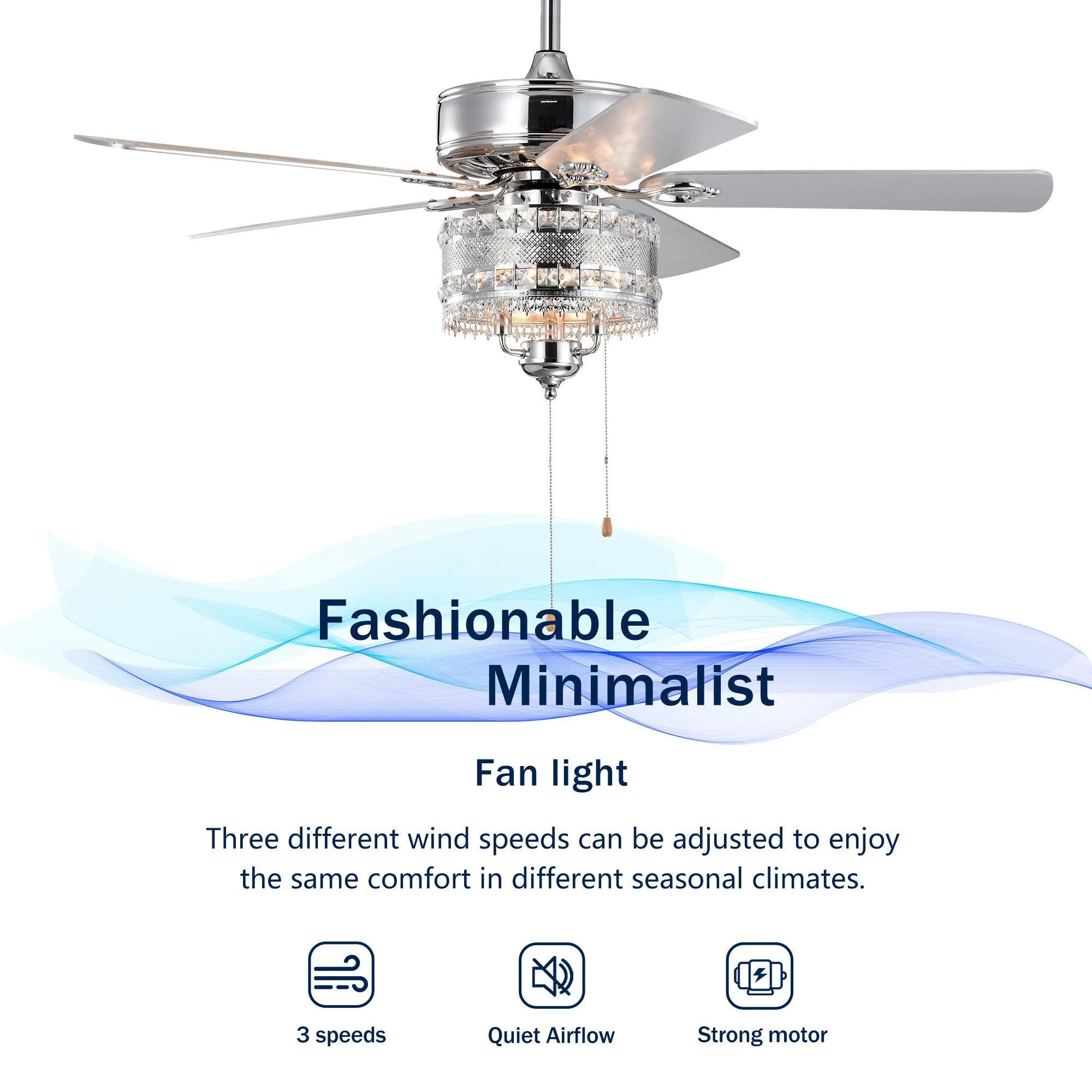 52'' Classical Crystal Ceiling Fan Lamp  5 Reversible Blades for Living Room, Dining Room, Bedroom, Family Room, Chrome (Hand Pull Chain)