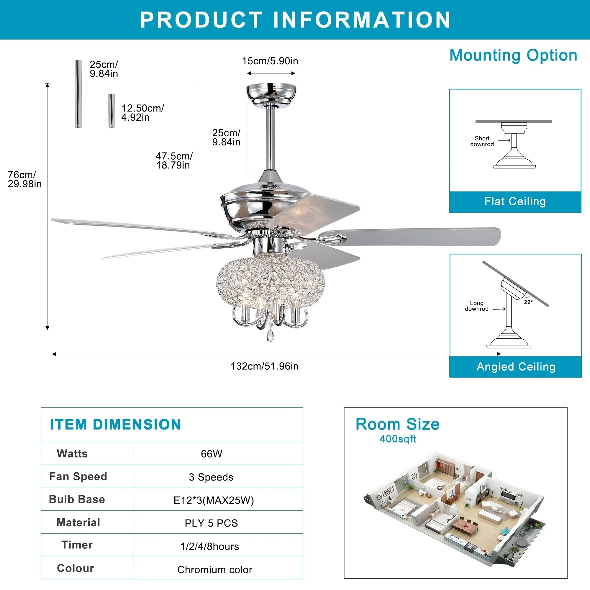 52" Crystal Ceiling Fan with Lights Fandelier Chandelier Reversible Blades 3 Wind Speeds Remote Control --Chrome