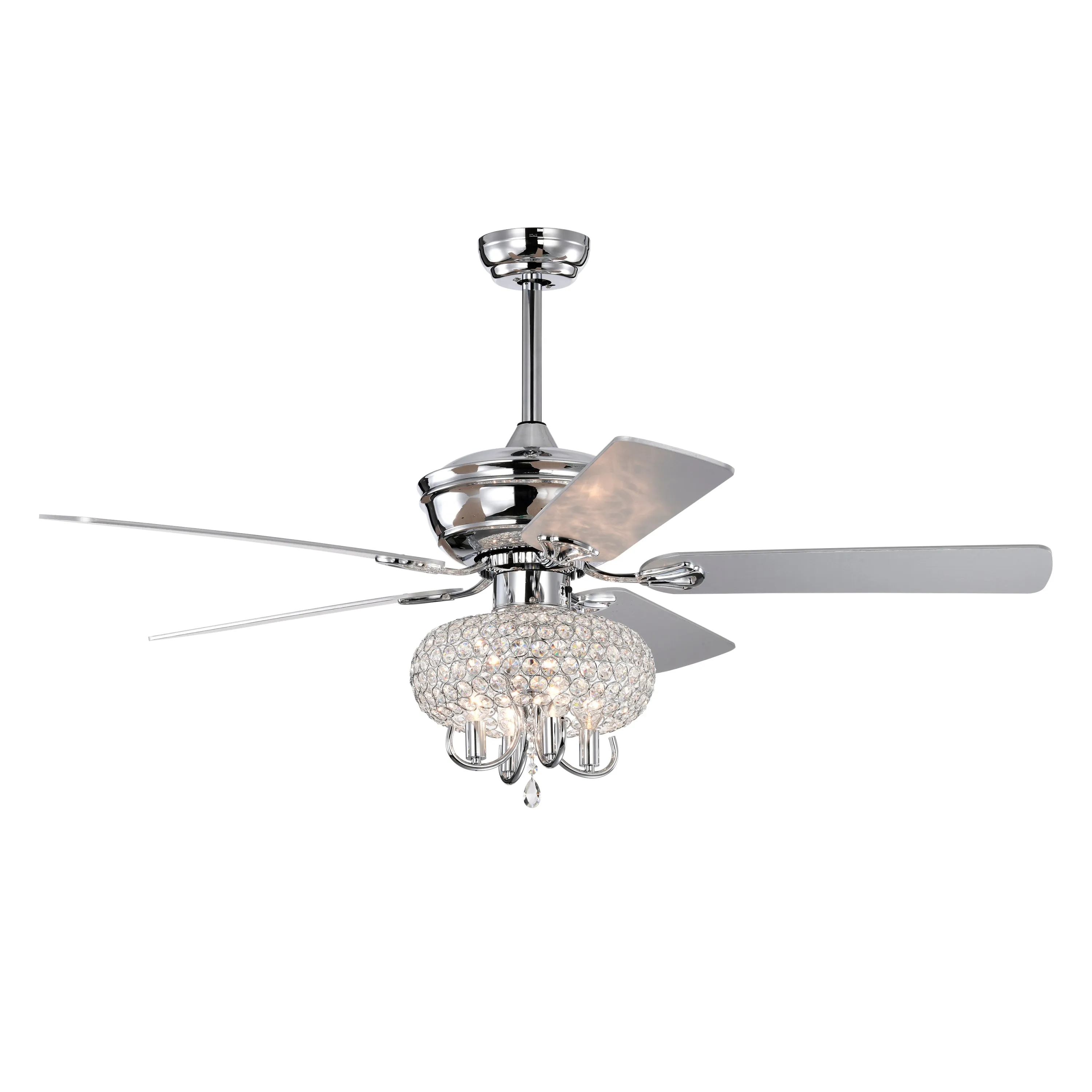 52" Crystal Ceiling Fan with Lights Fandelier Chandelier Reversible Blades 3 Wind Speeds Remote Control --Chrome