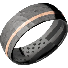 8mm wide Domed Darkened Tantalum Ring with Hammer Finish / One 1mm Off Center 18k Rose Gold Inlay with Hammer Finish / Black Titanium Sleeve / None Interior Pattern