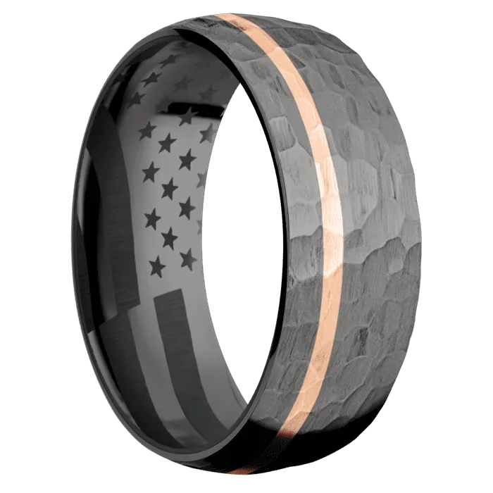 8mm wide Domed Darkened Tantalum Ring with Hammer Finish / One 1mm Off Center 18k Rose Gold Inlay with Hammer Finish / Black Titanium Sleeve / None Interior Pattern