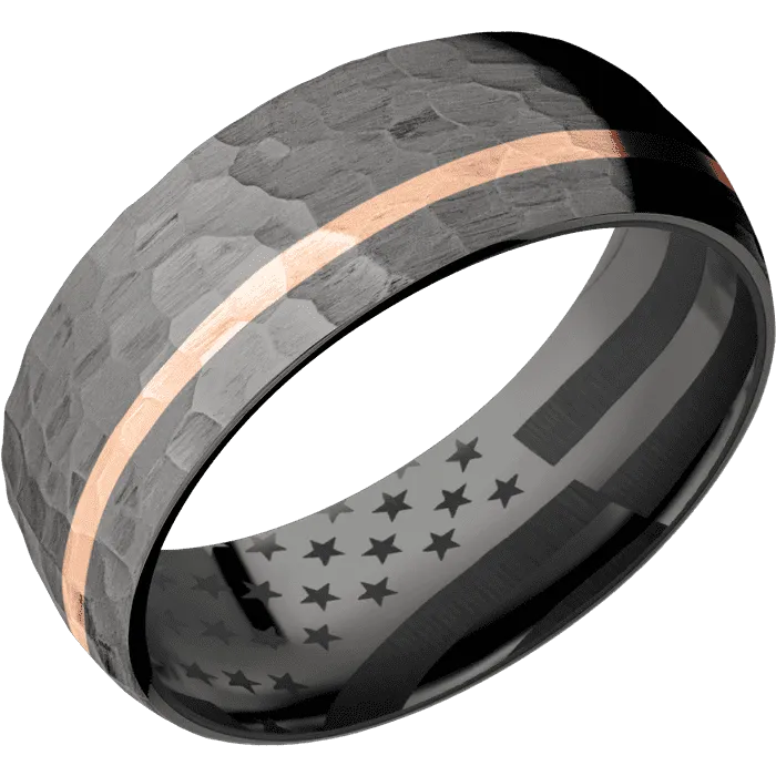 8mm wide Domed Darkened Tantalum Ring with Hammer Finish / One 1mm Off Center 18k Rose Gold Inlay with Hammer Finish / Black Titanium Sleeve / None Interior Pattern