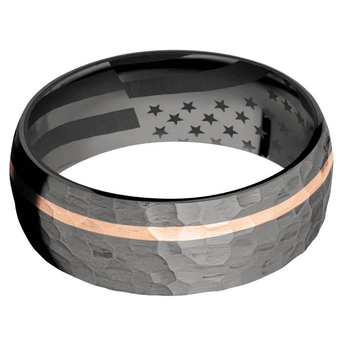 8mm wide Domed Darkened Tantalum Ring with Hammer Finish / One 1mm Off Center 18k Rose Gold Inlay with Hammer Finish / Black Titanium Sleeve / None Interior Pattern