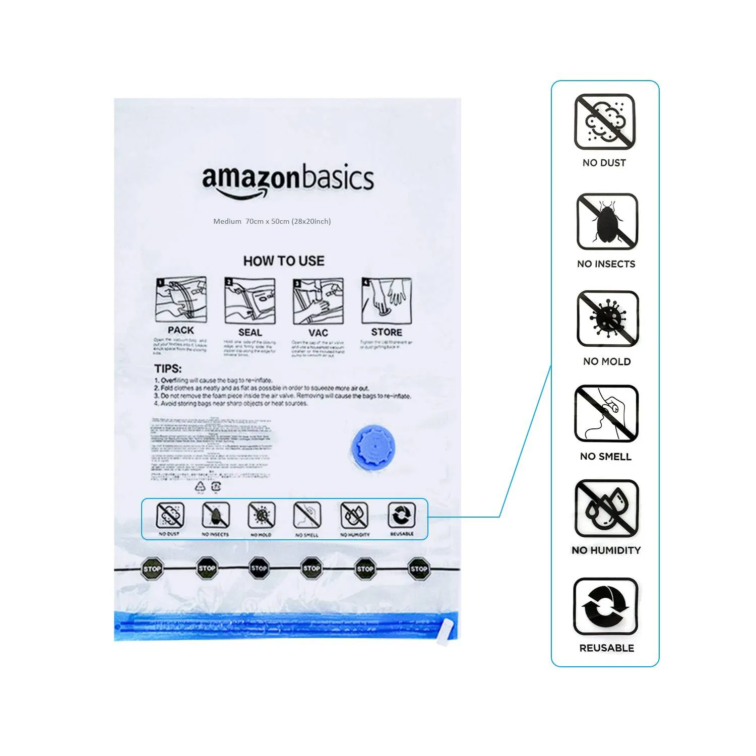 Amazon Basics Vacuum Compression Space Saving Storage Bags with Hand Pump, Multiple Sizes, Pack of 15, White