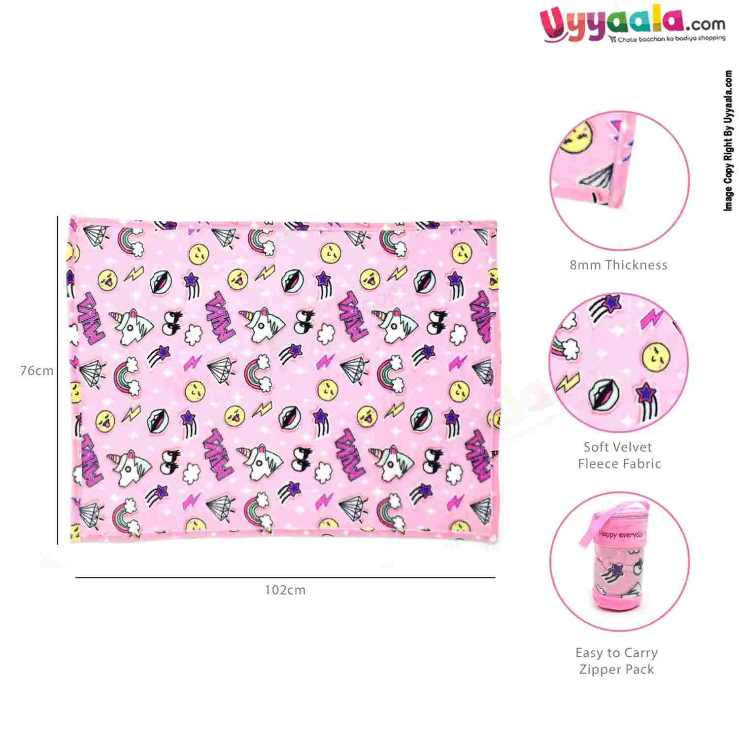 Baby Blanket Roll Velvet Fleece Material Emoji & Star Print along with Carry Bag 0- 24m Age, Size(102*76cm)- Pink