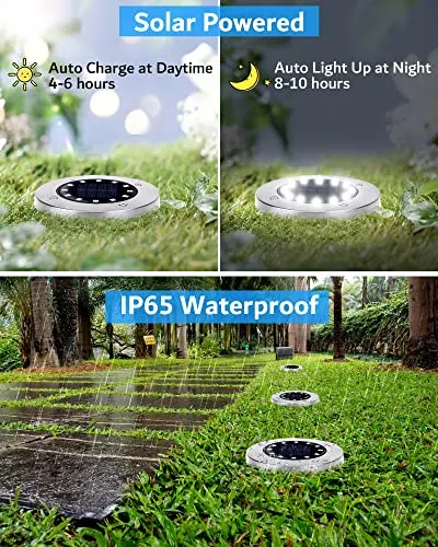 Biling Solar Outdoor Lights 12 Pack, Bright 12 LEDs Solar Ground Lights Waterproof, Flat Pathway Lights Solar Powered for Yard Walkway Garden Driveway (White)