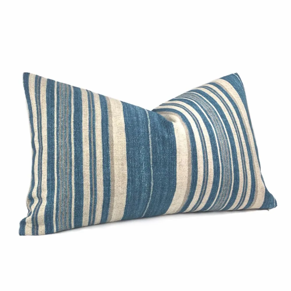 Cape Cod Blue Beige Stripe Cotton Print Pillow Cover