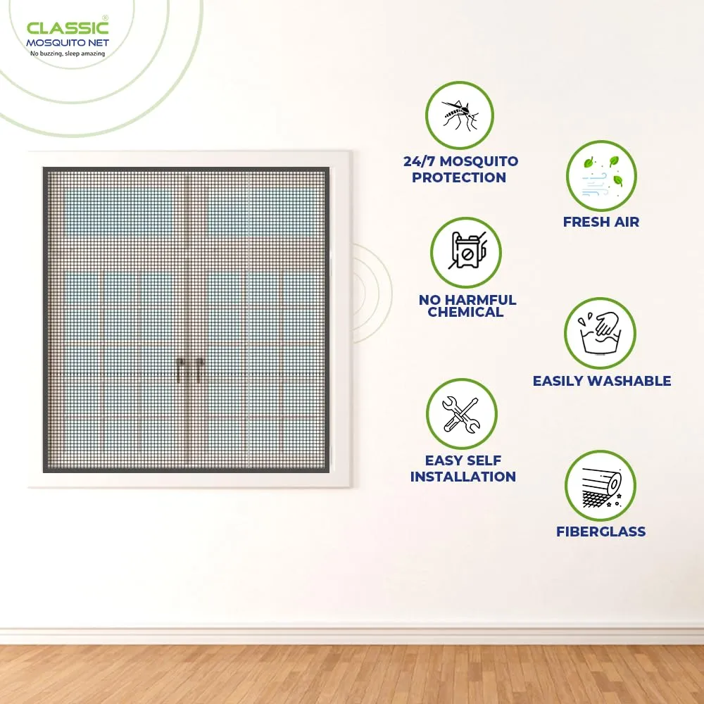 Classic Mosquito Net for Windows | Pre Stitched (Size-90X60 cms/2.95 * 1.96 Ft/35.4 * 23.6 Inches Color-Grey) | Premium 120GSM Fiberglass Net with Self Adhesive Hook Tape