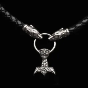 Customisable 8mm Thick Braided Leather Thors Hammer Necklace with Silver Ferocious Wolf Heads