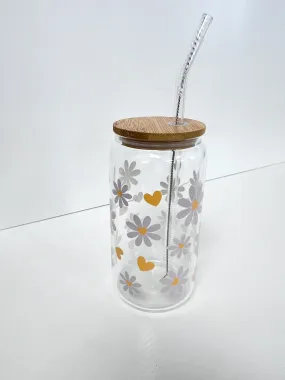 Drinking Glass 16 oz. - Yellow Heart Daisies