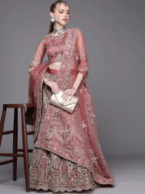 Dusty Pink Embroidered Semi-Stitched Lehenga with Unstitched Blouse & Dupatta