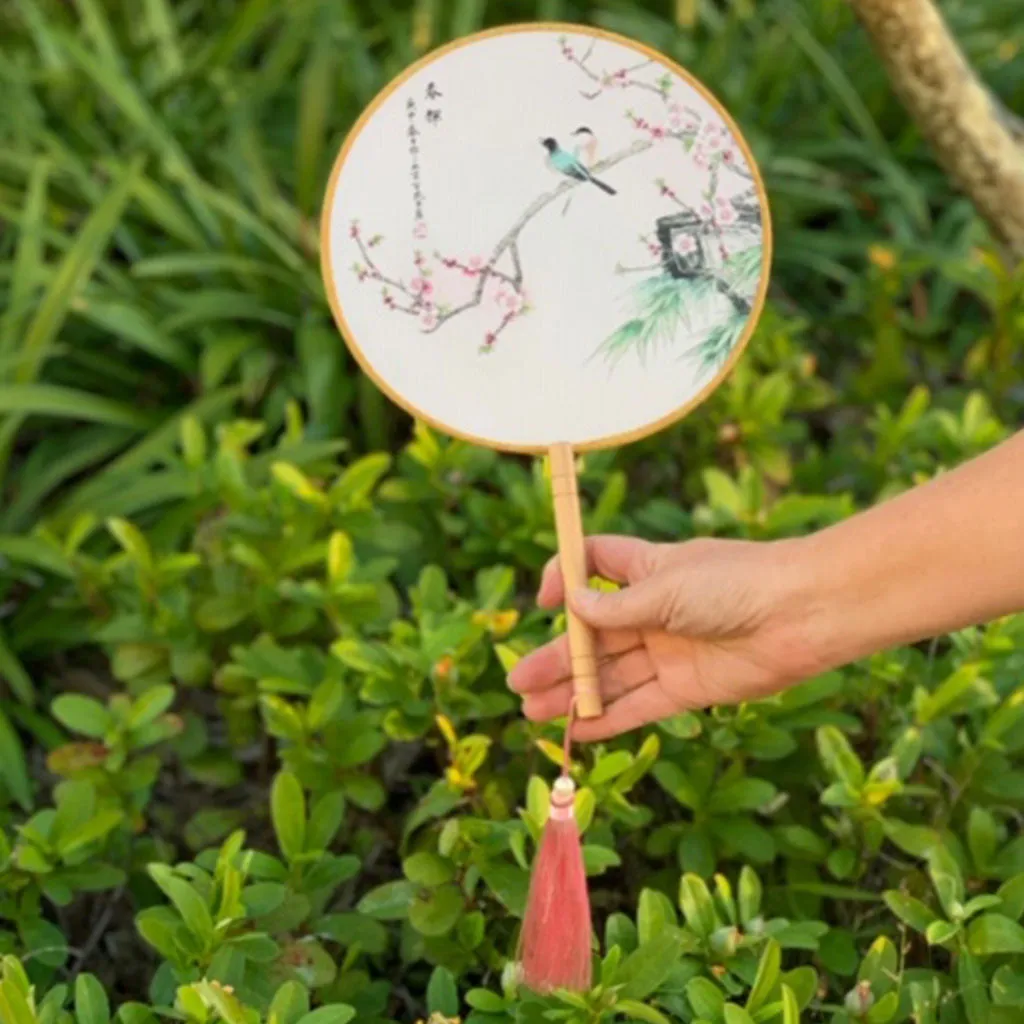 Elegant Round Silk Fan - Birds and Blossoms