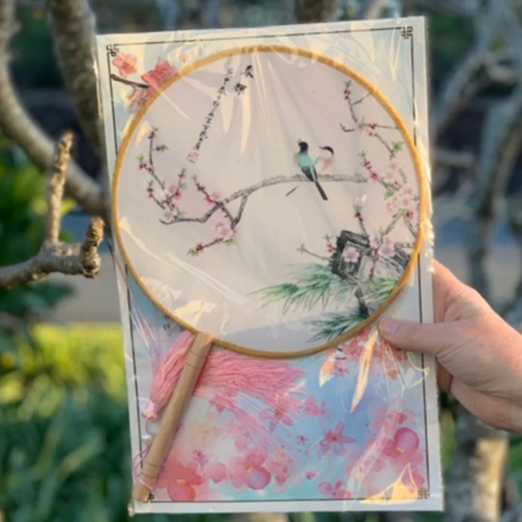 Elegant Round Silk Fan - Birds and Blossoms