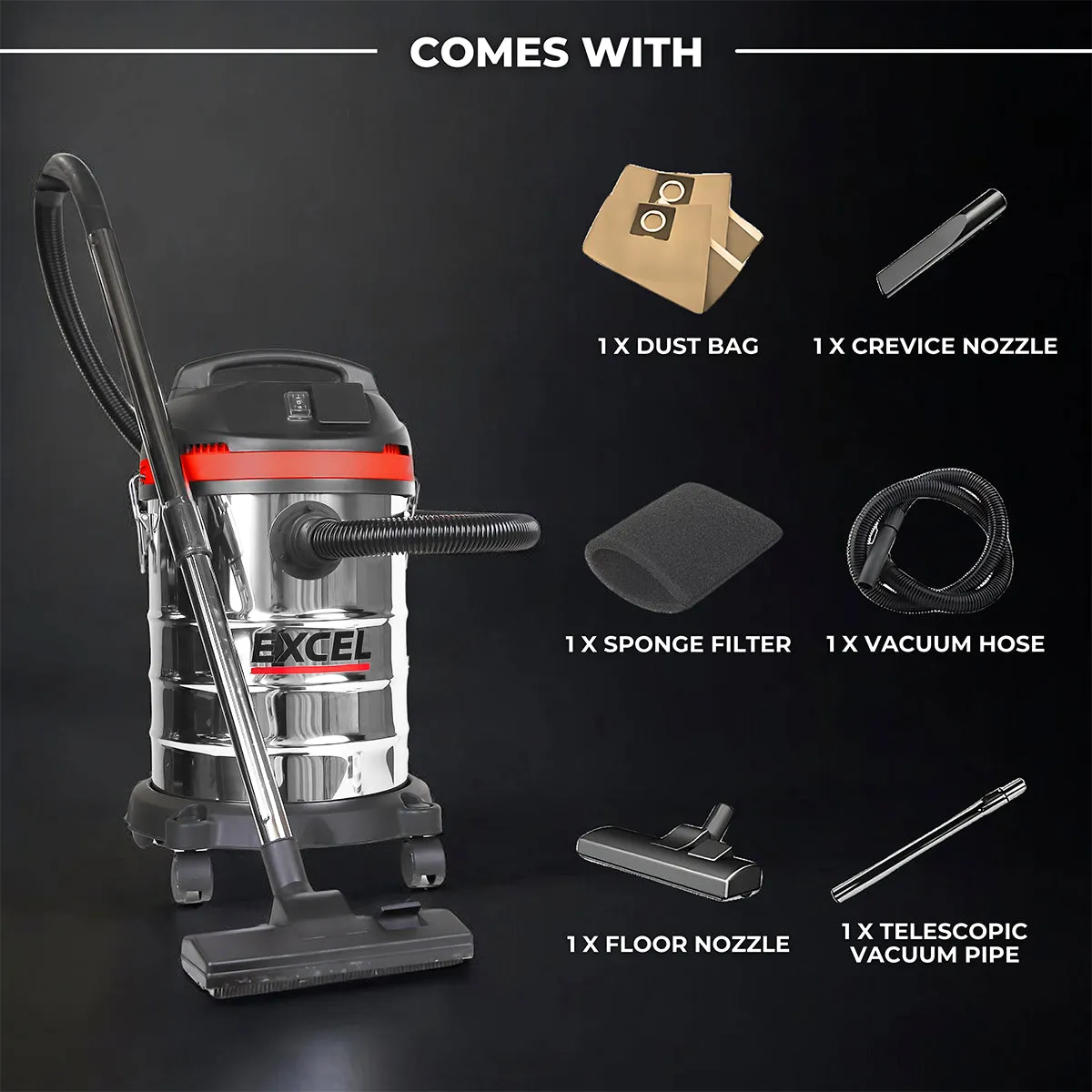 Excel 30L Wet & Dry Vacuum Cleaner 240V/1400W With Power Take Off Socket