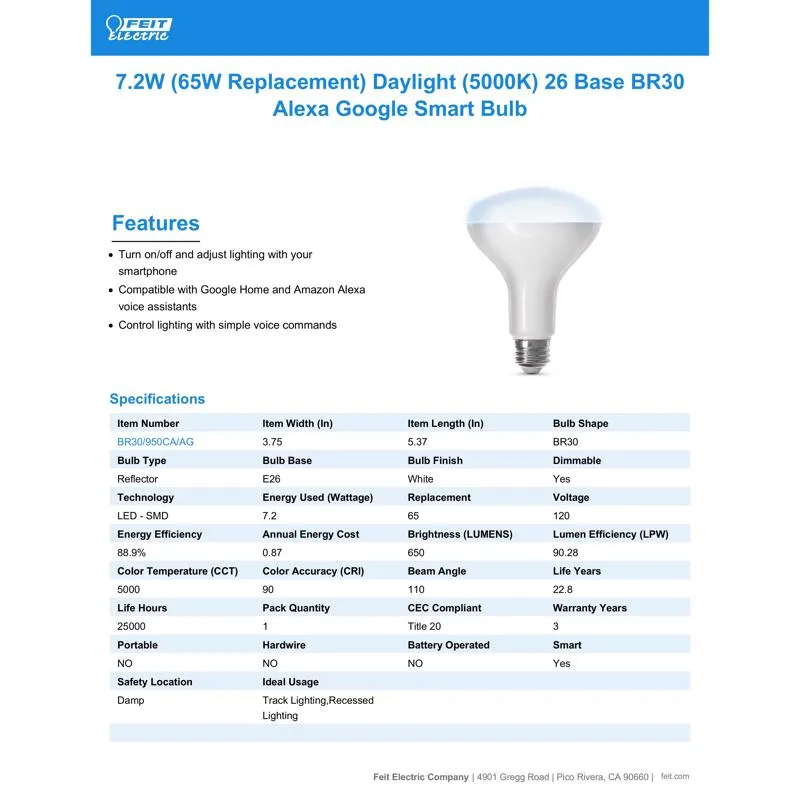 Feit Smart Home BR30 E26 (Medium) Smart-Enabled LED Bulb Daylight 65 Watt Equivalence 1 pk