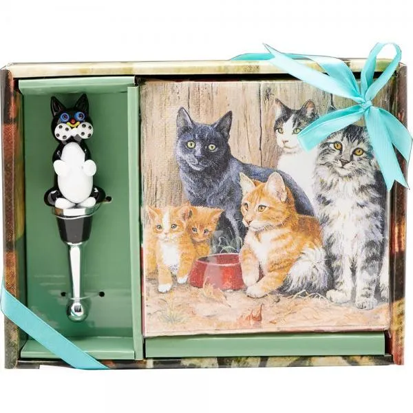 Glass Cat Napkin & Stopper Set