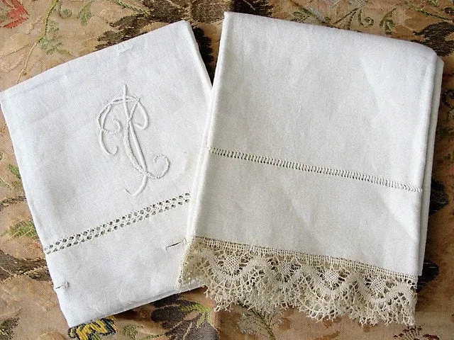 GORGEOUS Antique Linen Pillowcase French Country Farmhouse Linens,Pillow Sham,Raised Embroidery Monogram,China Button Closing Vintage Linens