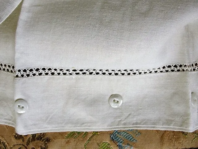 GORGEOUS Antique Linen Pillowcase French Country Farmhouse Linens,Pillow Sham,Raised Embroidery Monogram,China Button Closing Vintage Linens