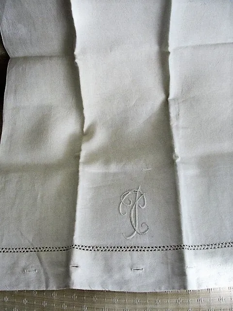 GORGEOUS Antique Linen Pillowcase French Country Farmhouse Linens,Pillow Sham,Raised Embroidery Monogram,China Button Closing Vintage Linens