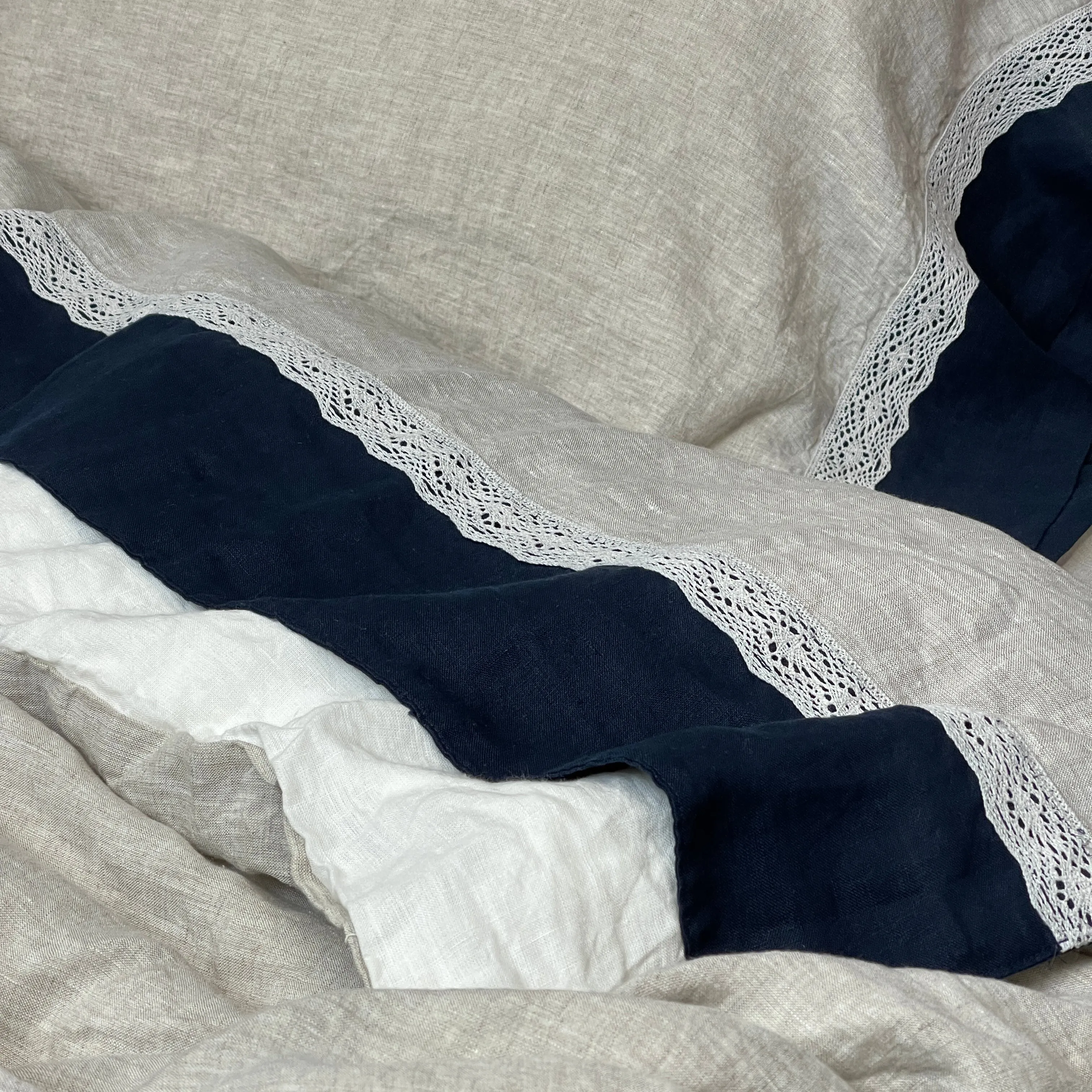 Greige Navy Blue Flax Pillowcase with Lace