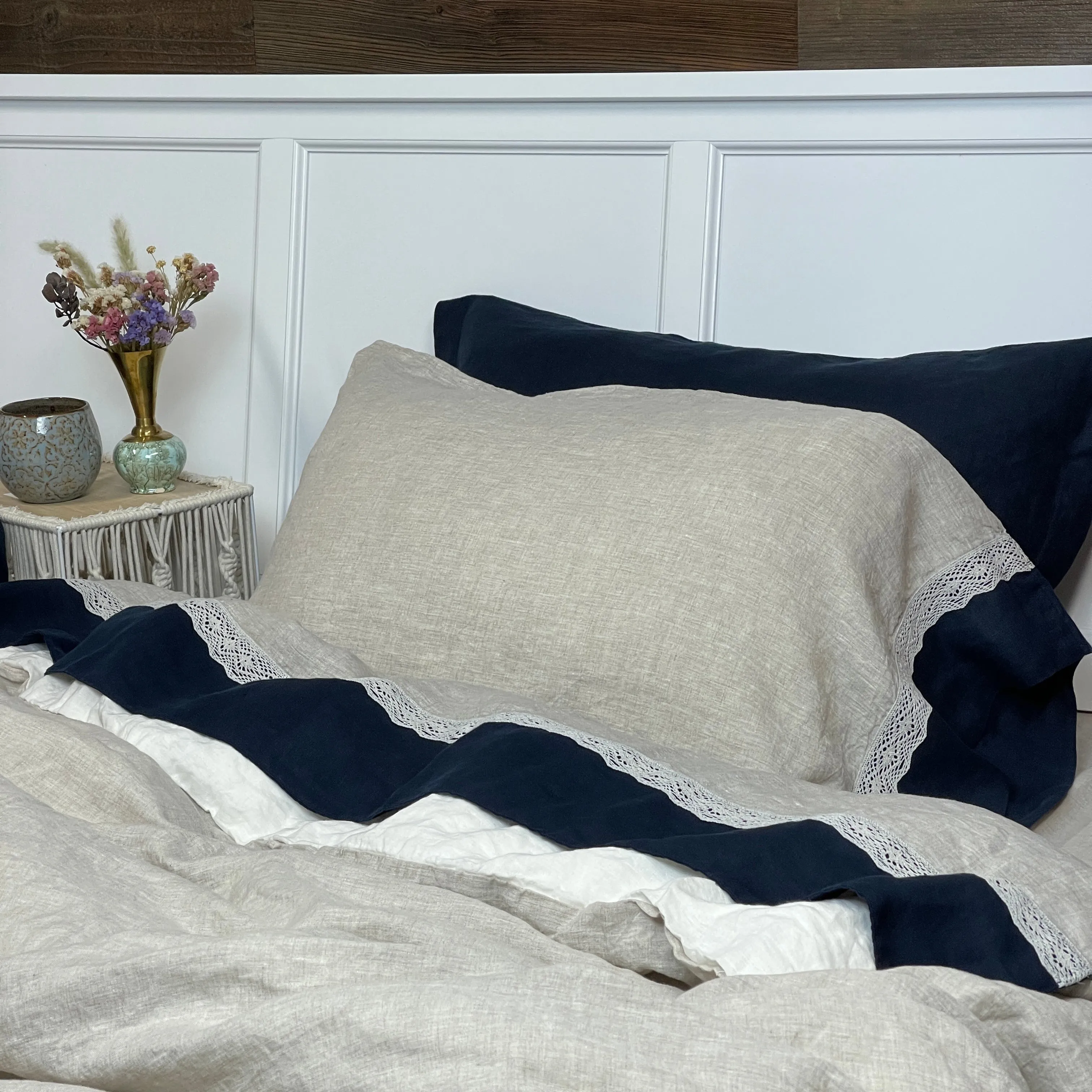 Greige Navy Blue Flax Pillowcase with Lace