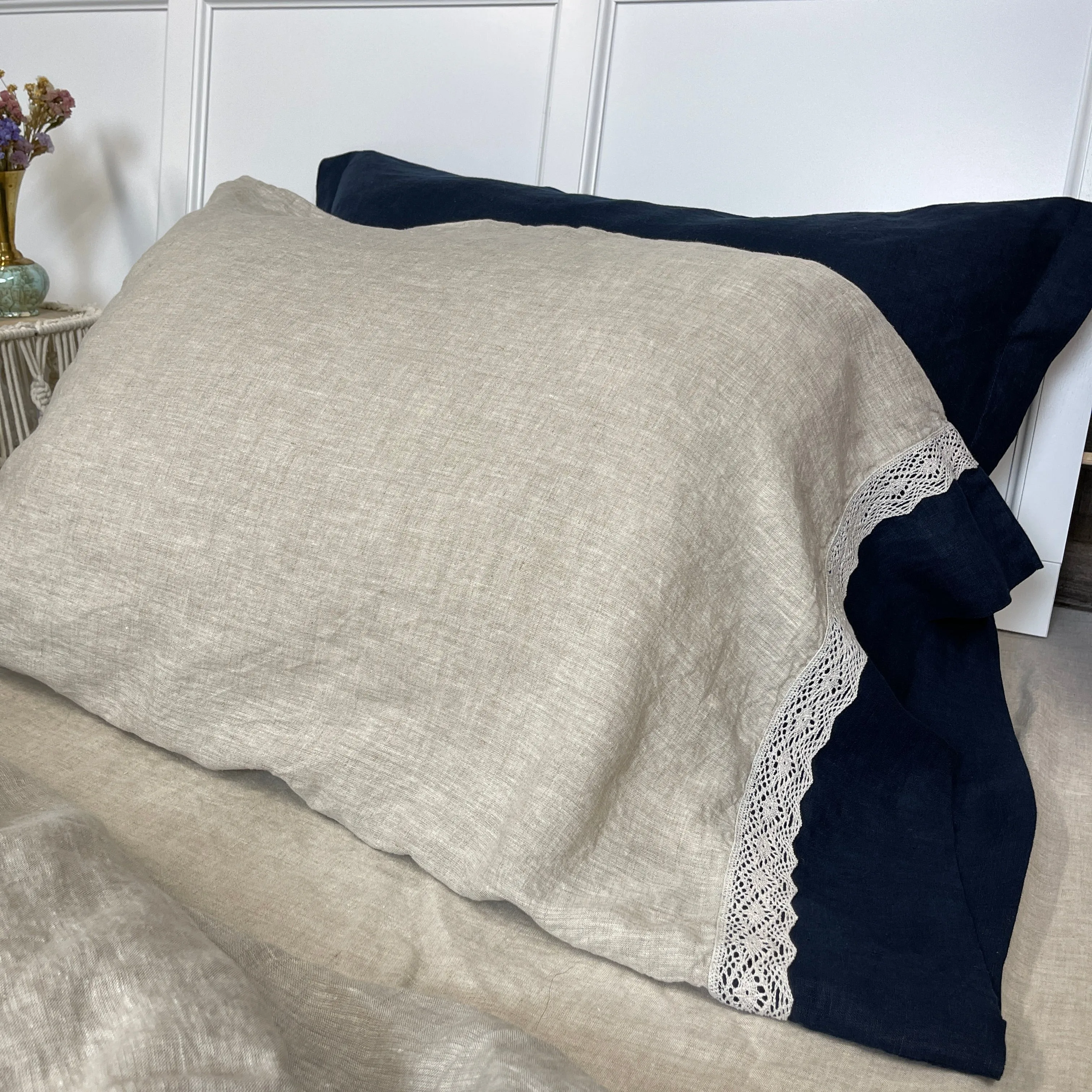 Greige Navy Blue Flax Pillowcase with Lace