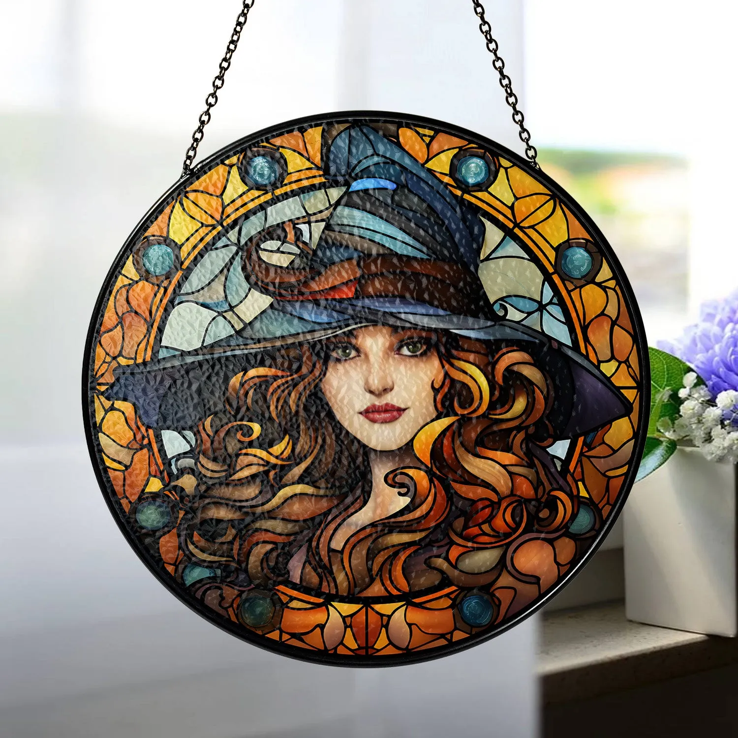 Halloween Stained Glass Suncatcher Collection | Decorative Window Hanging | 2 Sizes | Holiday Decor Accents | Witch Beauty