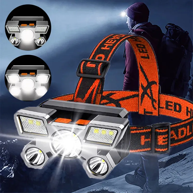 High Power 5 LED Flashlight Rechargeable With Built In 18650 Battery Strong Light Camping Adventure Fishing Head Light Headlamp