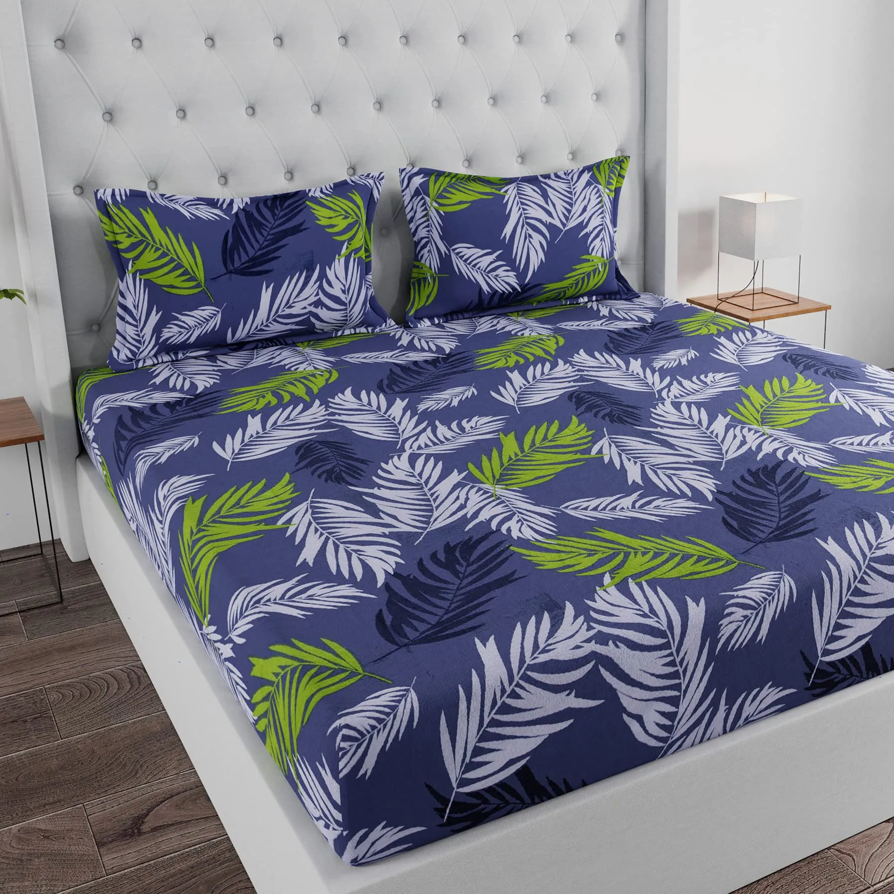 Huesland by Ahmedabad Cotton 144 TC Cotton Bedsheet for Double Bed with 2 Pillow Covers - Blue, White & Green