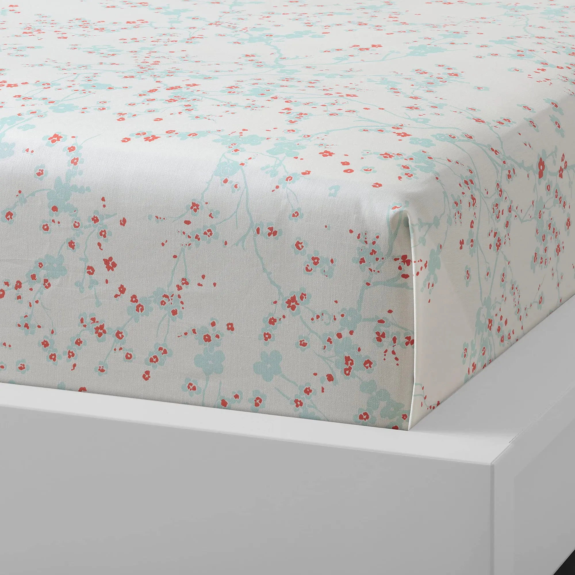 Ikea Flat Sheet and Pillowcase (Cherry Blossom Branch / White / Green, 150 x 260 / 50 x 80 cm)(Cotton)