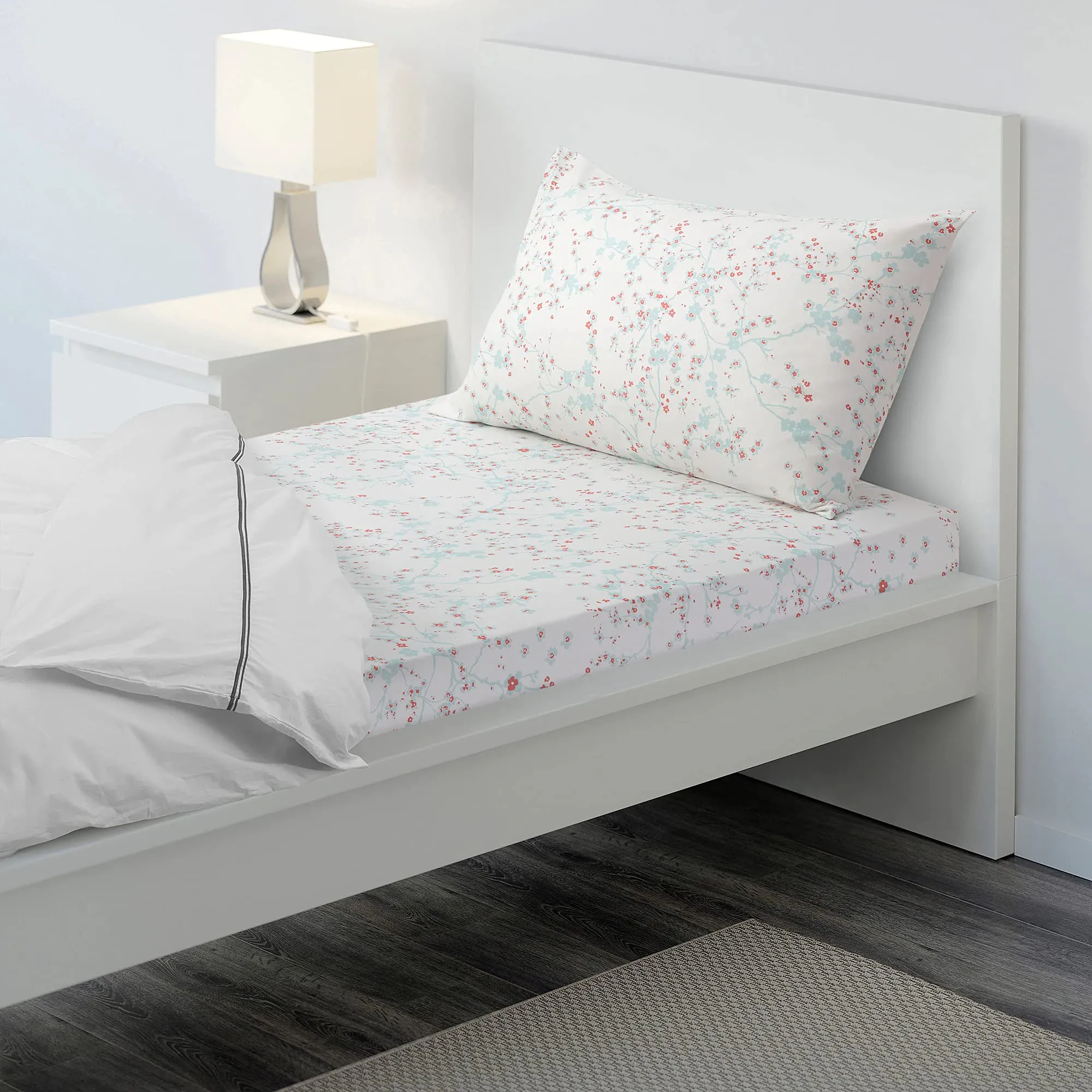 Ikea Flat Sheet and Pillowcase (Cherry Blossom Branch / White / Green, 150 x 260 / 50 x 80 cm)(Cotton)