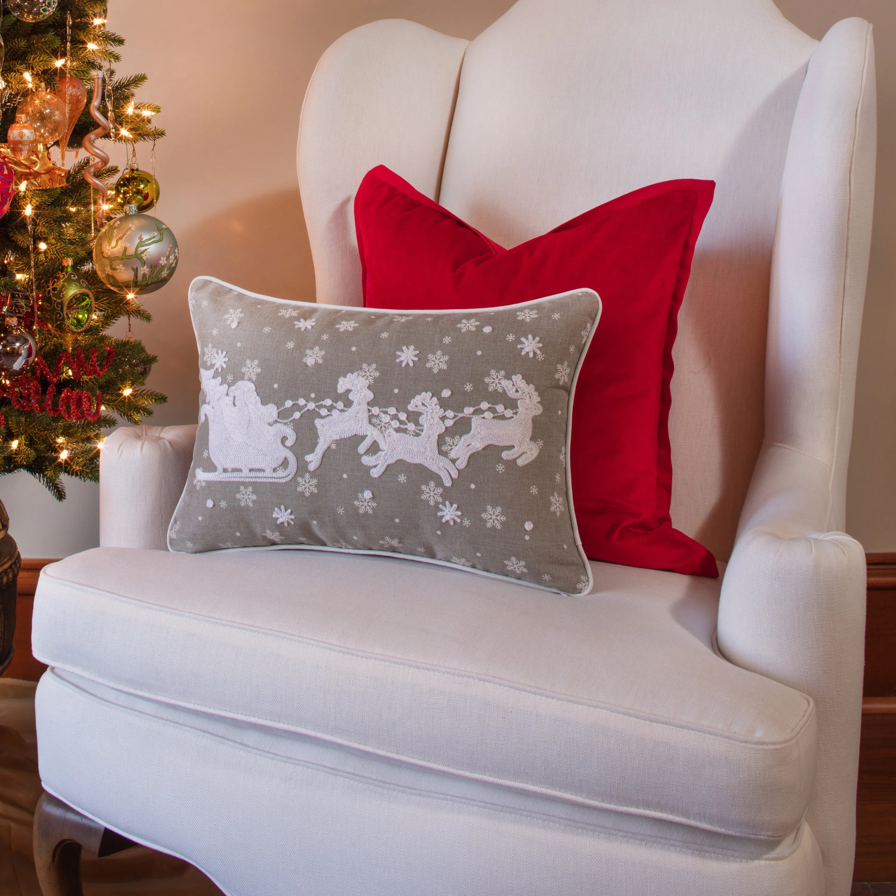 Indoor Santa Sleigh & Reindeers Christmas Gray Rectangular Throw Pillow Cover