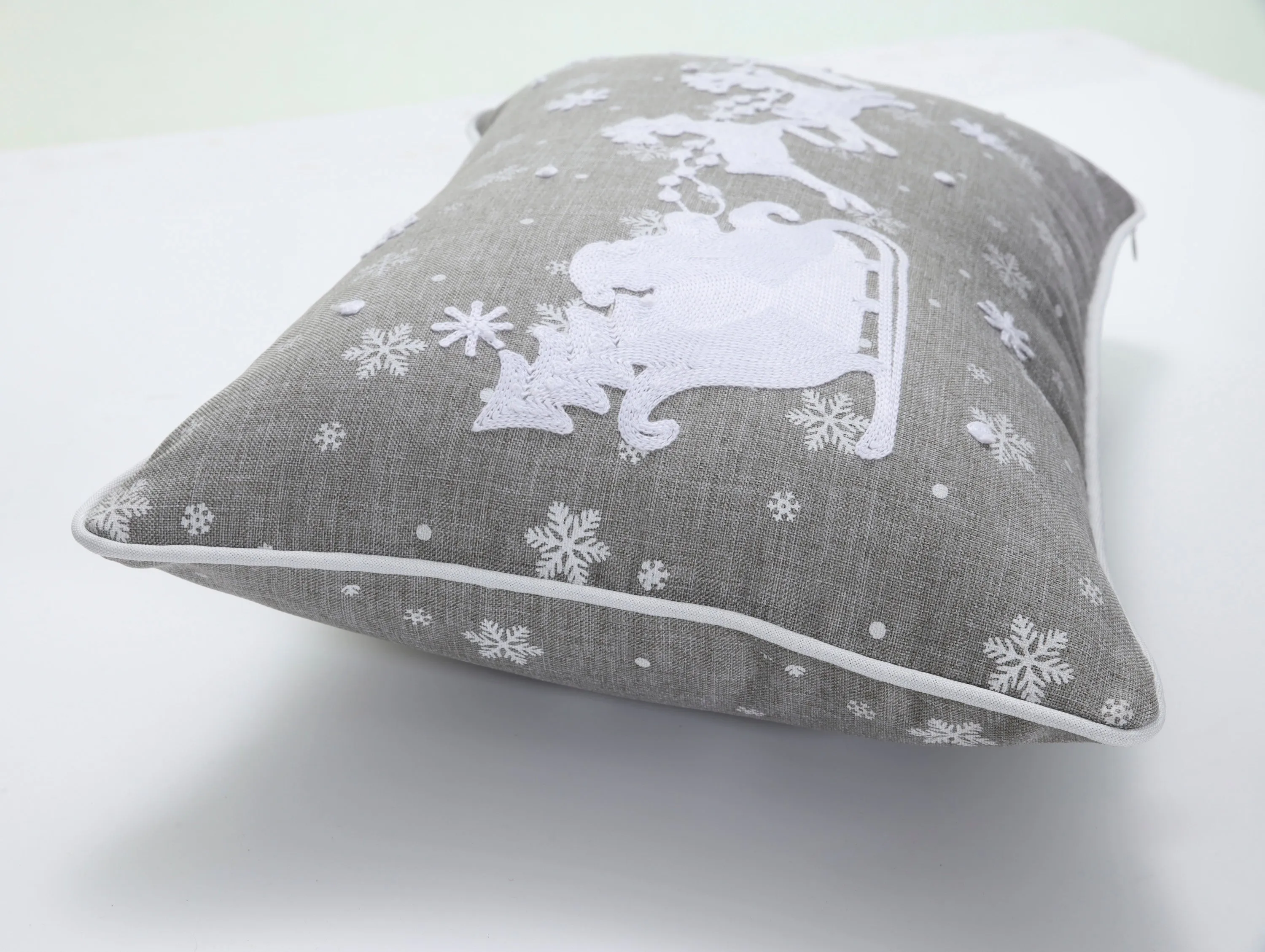 Indoor Santa Sleigh & Reindeers Christmas Gray Rectangular Throw Pillow Cover