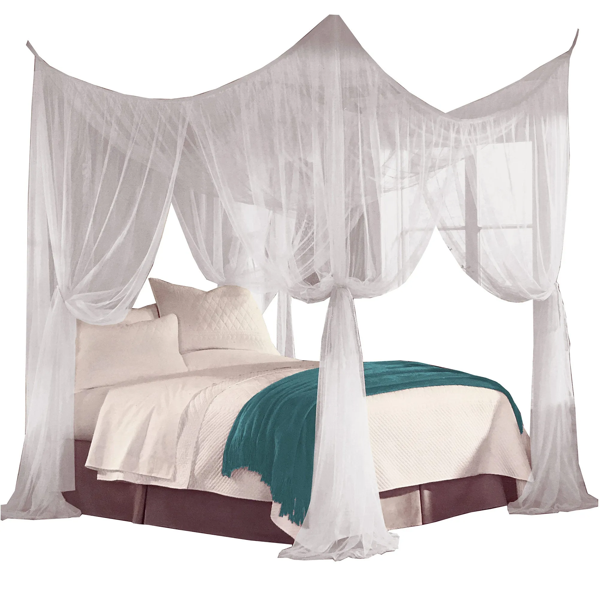 Just Relax Four Corner Post Elegant Mosquito Net Bed Canopy Set, White, Full-Queen-King