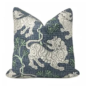 Kathmandu Navy Blue Green Chinoiserie Lion Print Pillow Cover