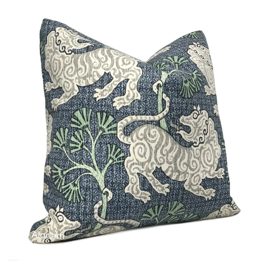 Kathmandu Navy Blue Green Chinoiserie Lion Print Pillow Cover