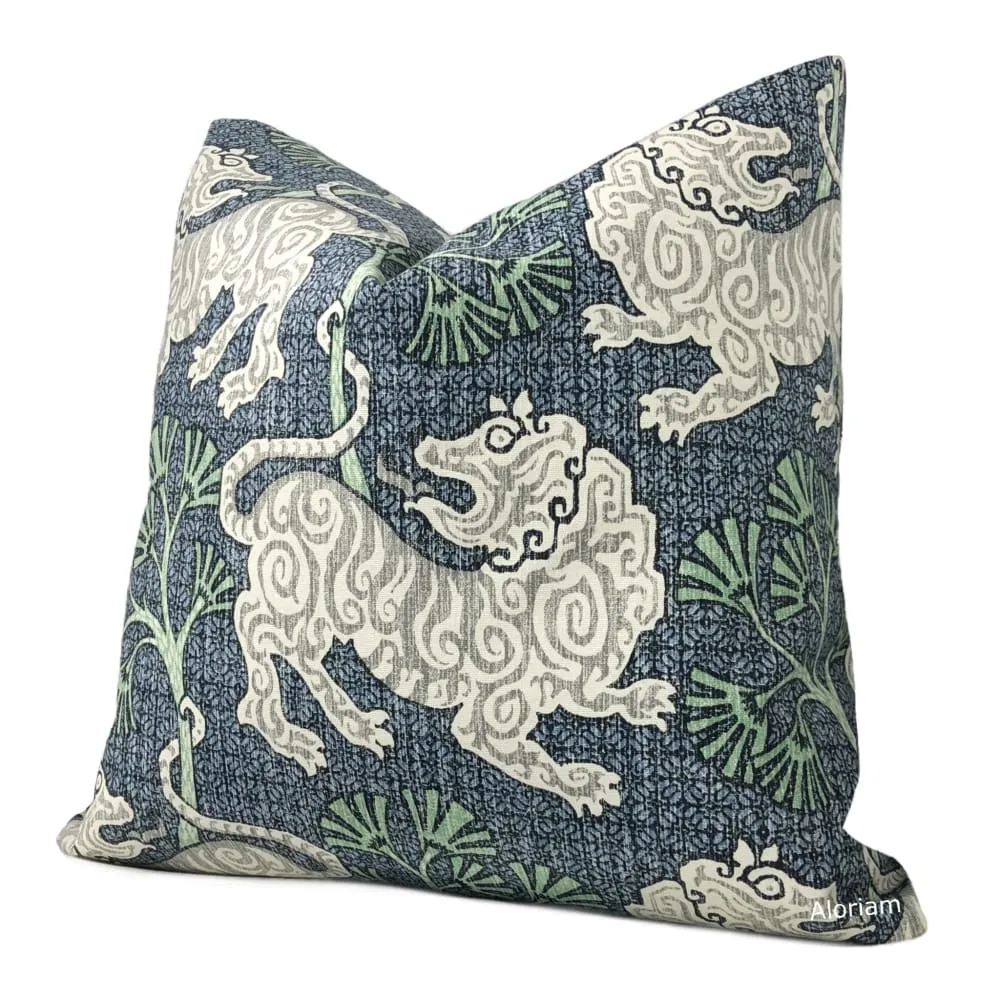 Kathmandu Navy Blue Green Chinoiserie Lion Print Pillow Cover