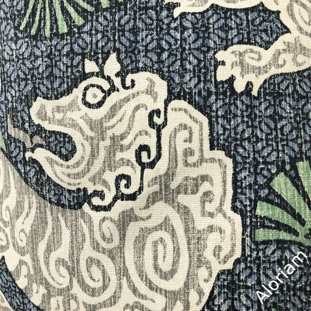 Kathmandu Navy Blue Green Chinoiserie Lion Print Pillow Cover