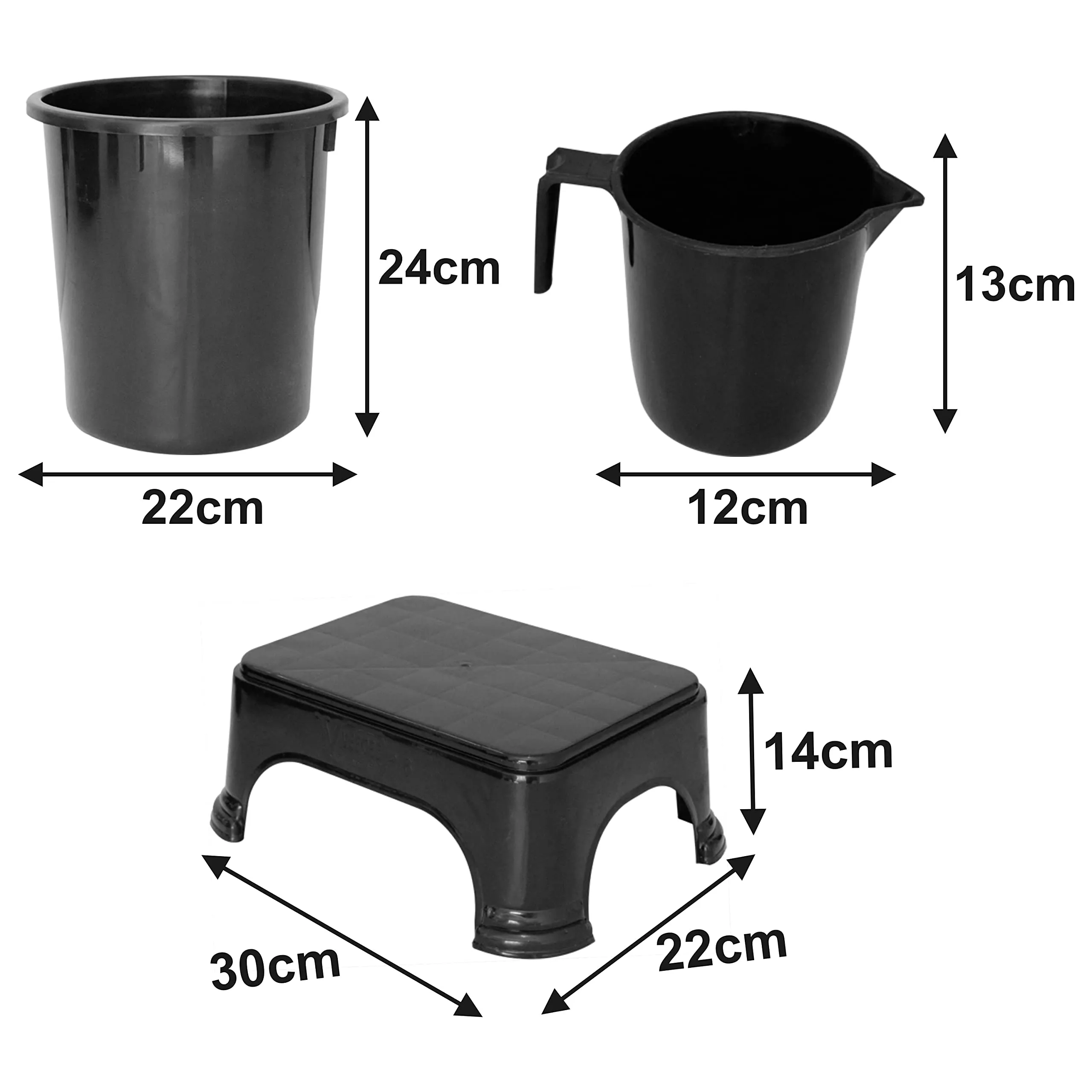 Kuber Industries 3 Pieces Plastic Mug, Dustbin & Stool Set (Black)