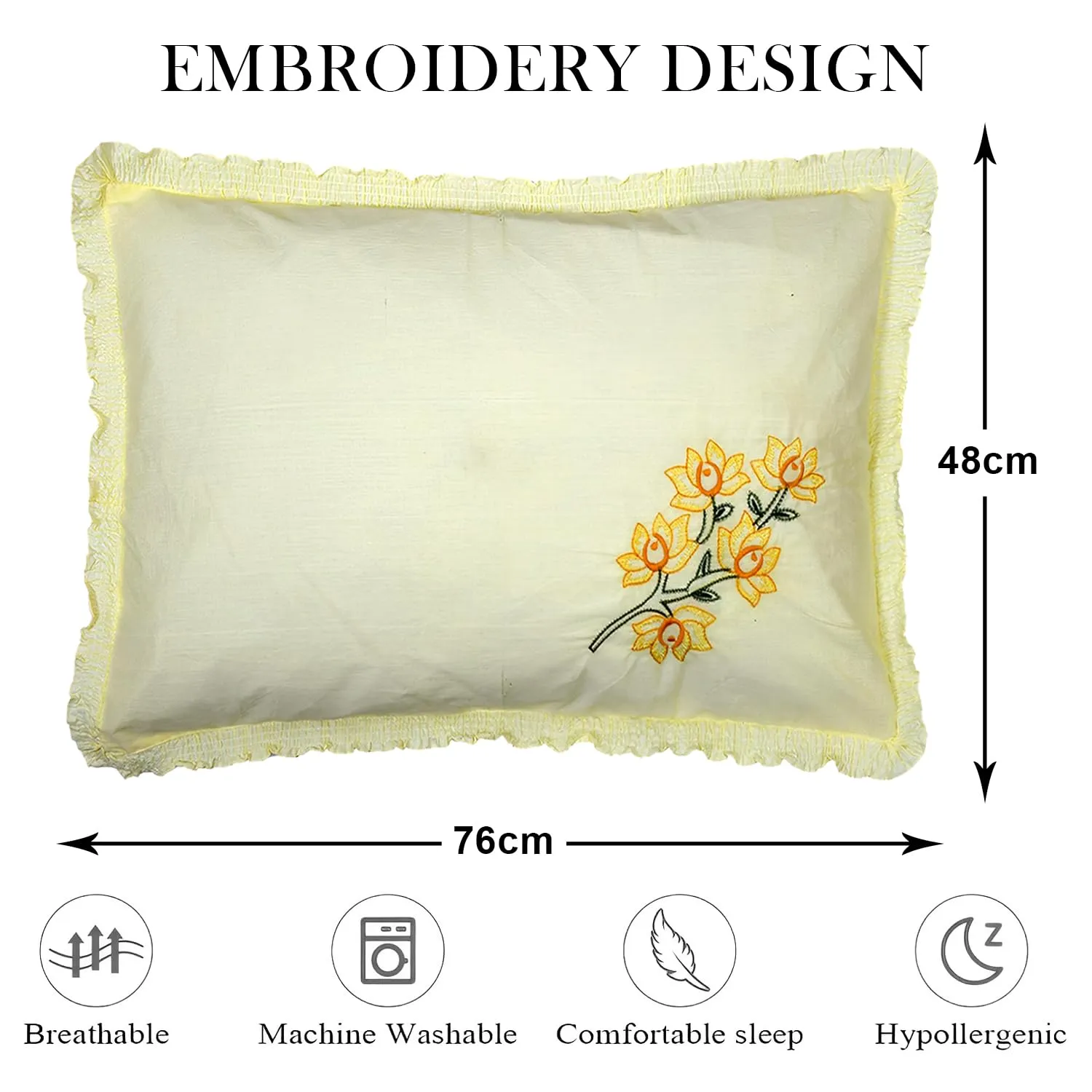 Kuber Industries Pillow Cover | Cotton Pillow Cover | Pillow Cover for Bedroom | Cushion Cover for Living Room | Embroidery Frill with Zip Pillow Cover | 20x30 Inch | Set of 2 | Cream