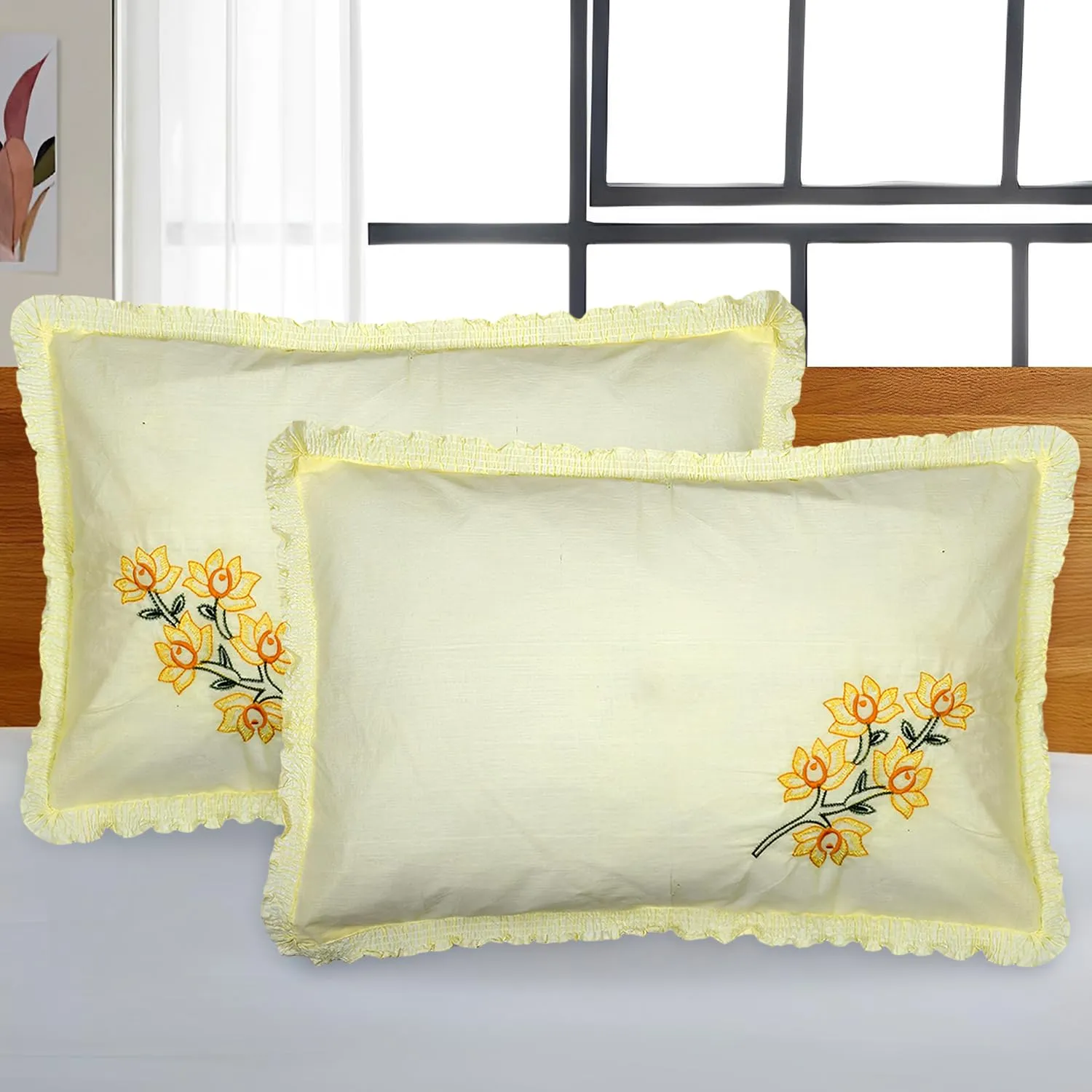 Kuber Industries Pillow Cover | Cotton Pillow Cover | Pillow Cover for Bedroom | Cushion Cover for Living Room | Embroidery Frill with Zip Pillow Cover | 20x30 Inch | Set of 2 | Cream