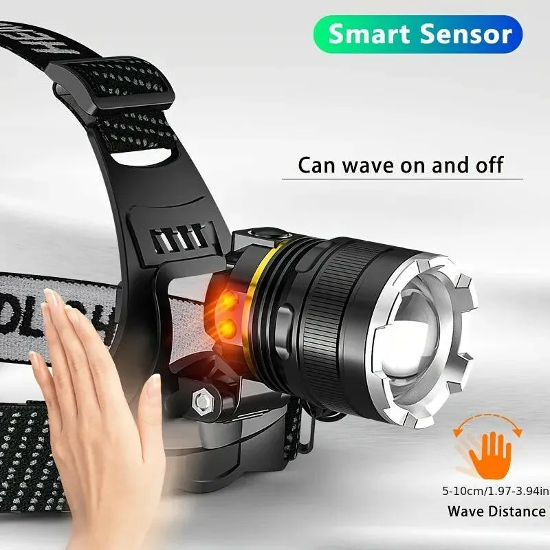 LED Headlamp Sensor XHP90.2 Headlight with 2*18650 Battery Flashlight USB Rechargeable Head Lamp Torch Light Lantern