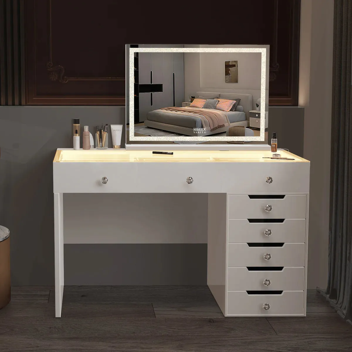 LUXE Vanity Desk with 8 Storage Drawers, LED Lighting & USB Charging